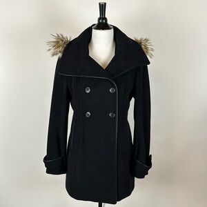 Marc New York Women’s black wool peacoat with genuine fur trimmed hood, size 8